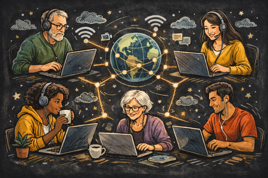 A group of six people on their computers connected over the Internet.